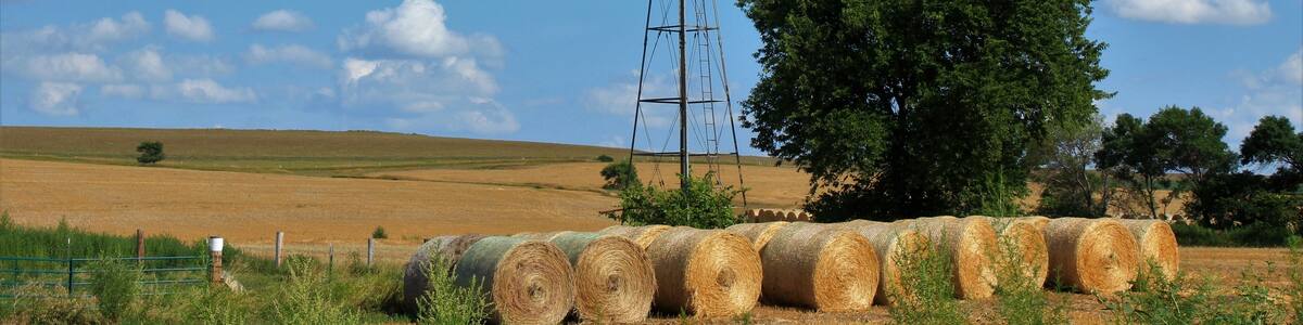 Kansas farm Windmill with hay bales, tree's, blue sky and clouds that's south of Lucas Kansas USA out in the country.