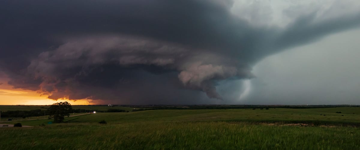 Tornado-warned supercell storm near Salinas kansas at sunset