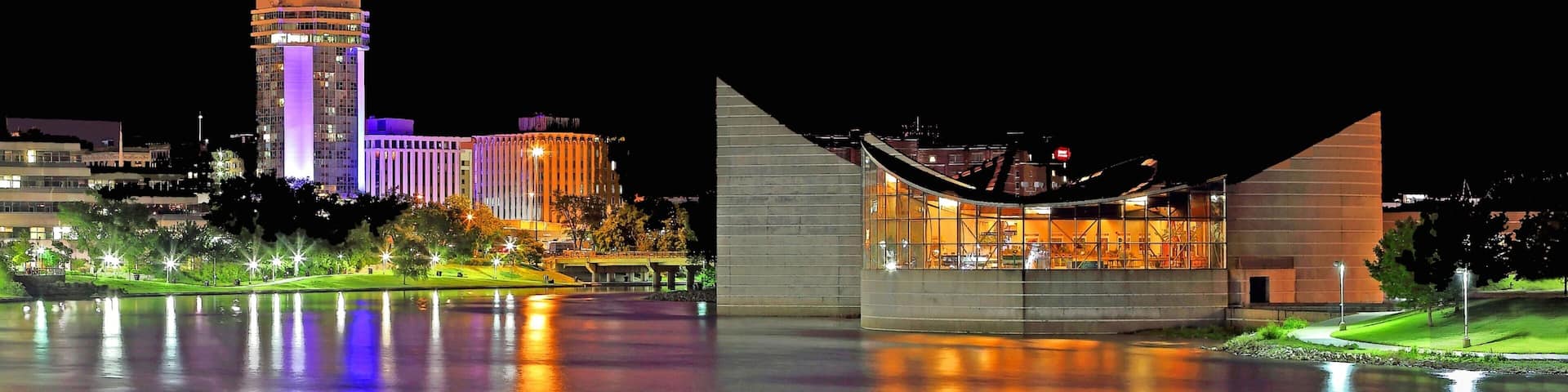 Wichita showing a lake or waterhole, a city and night scenes