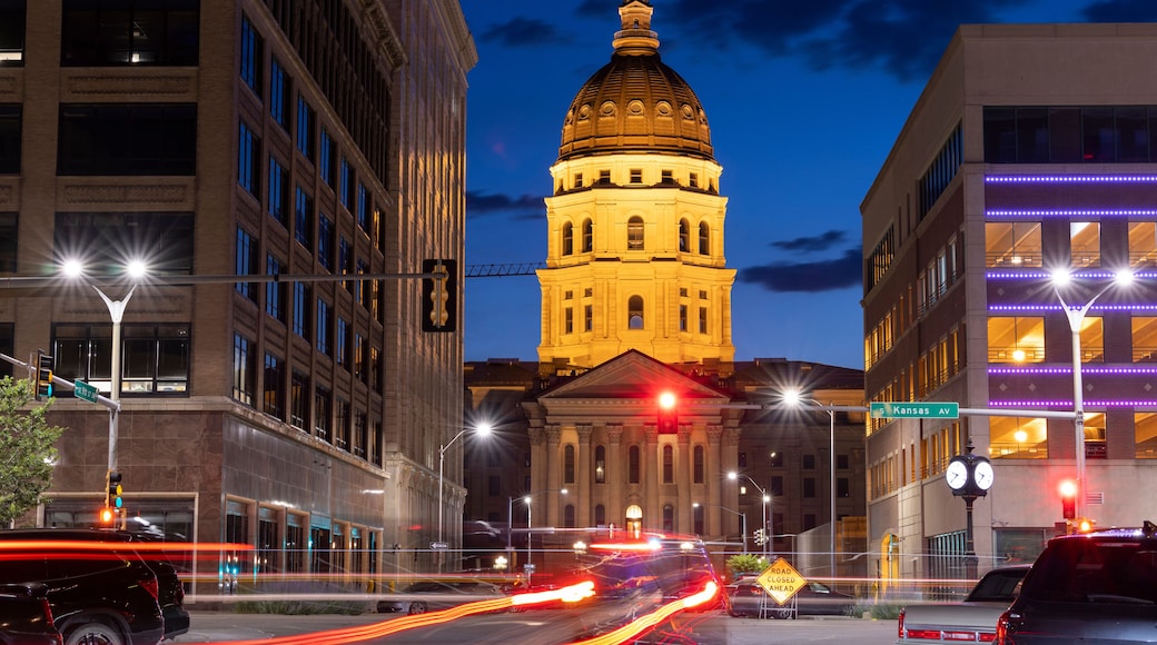 Twilight view of the historic state capitol building of downtown Topeka, Kansas, USA.