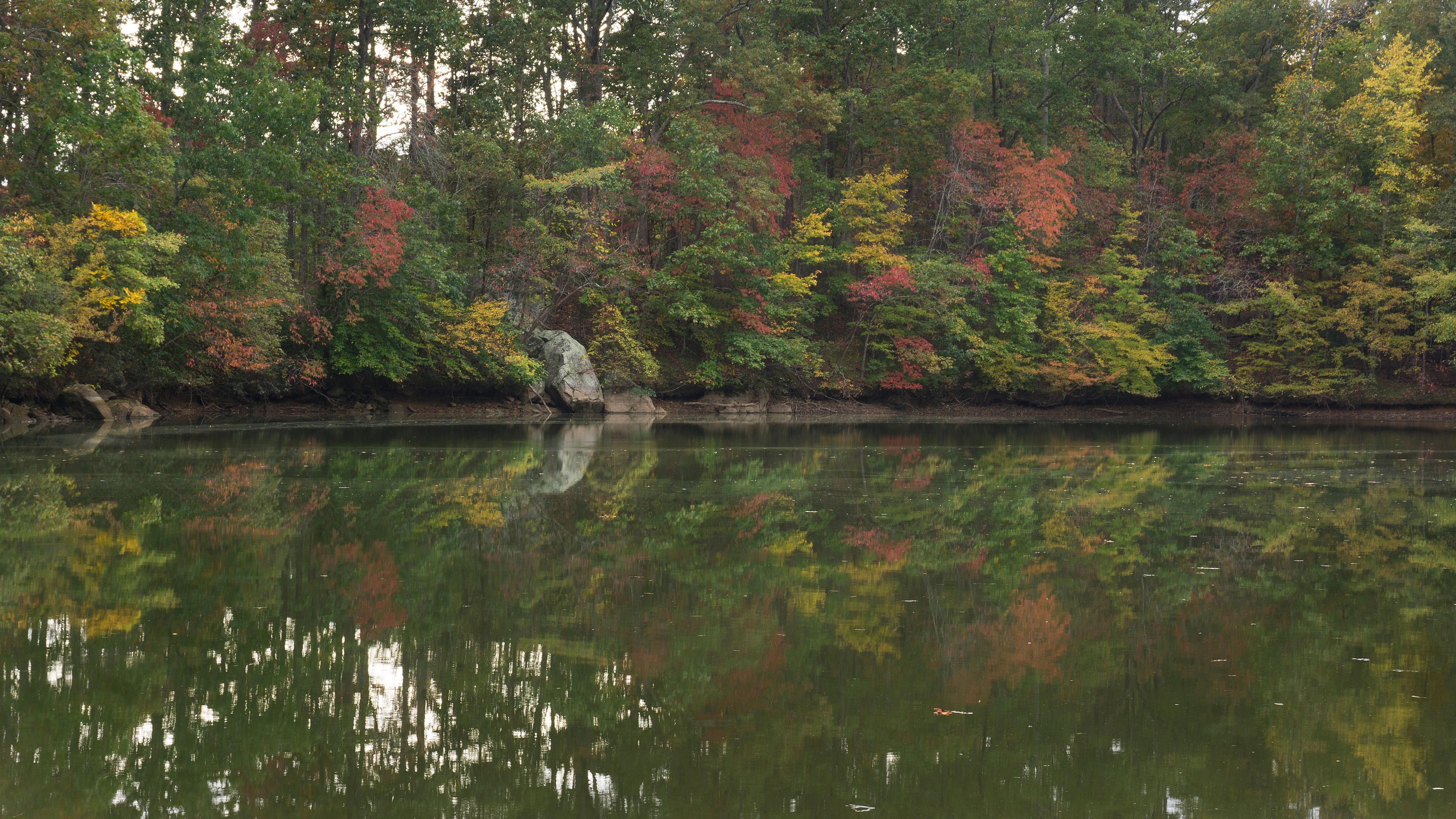 A scenic autumn view of colorful forest foliage reflecting on a lake.