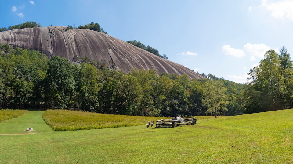 A large rock formation surrounded by lush green trees and a grassy field with a picnic area.