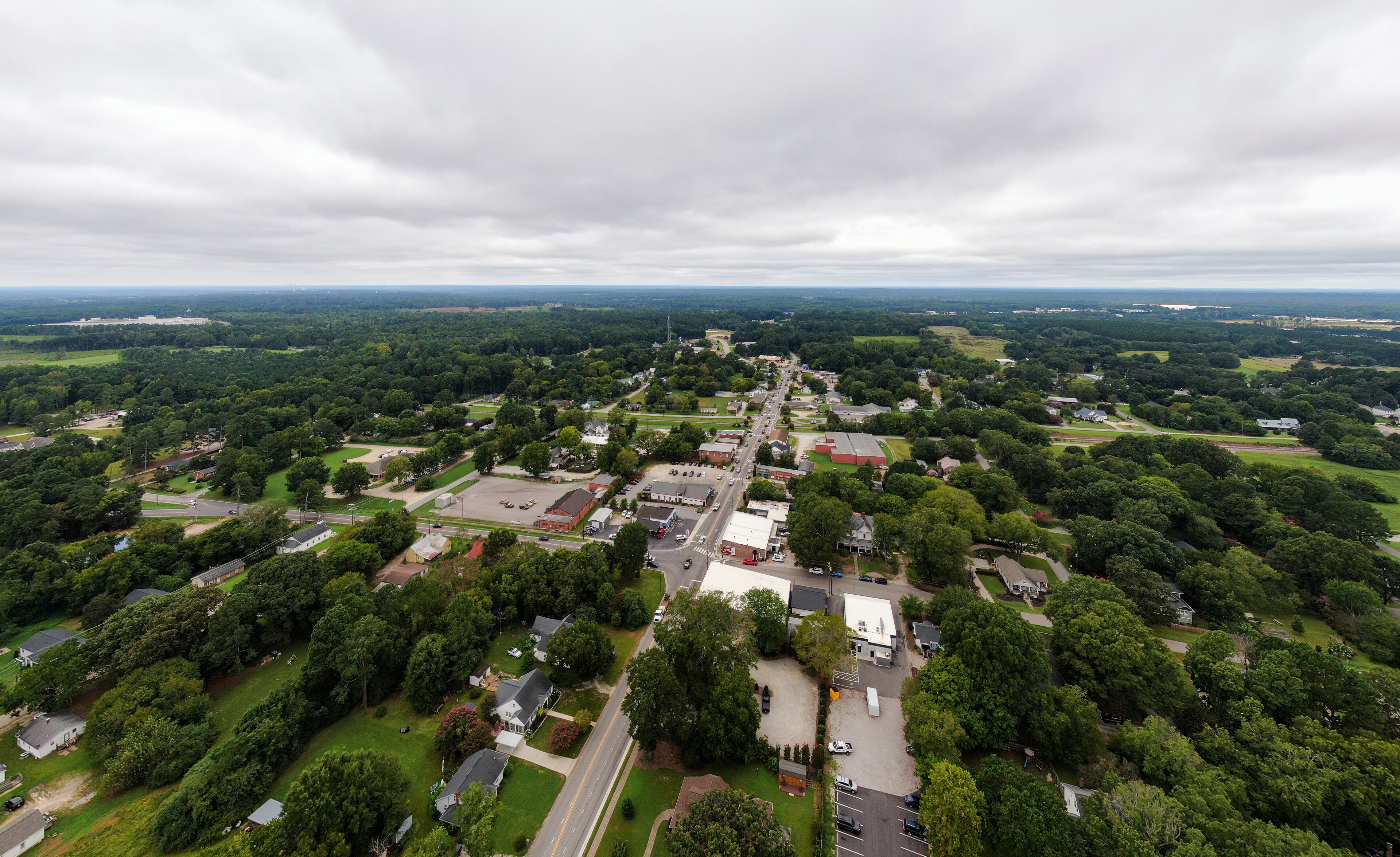 Various Drone Images of Youngsville North Carolina on a Cloudy Day Featuring the Historic Downtown and The US Highway 1 Corridor. 