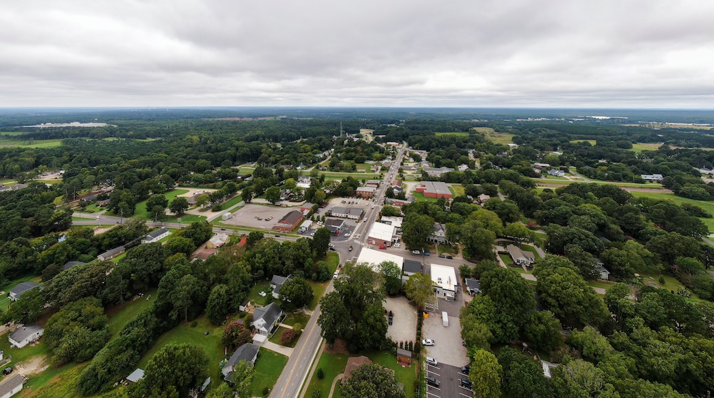 Various Drone Images of Youngsville North Carolina on a Cloudy Day Featuring the Historic Downtown and The US Highway 1 Corridor.