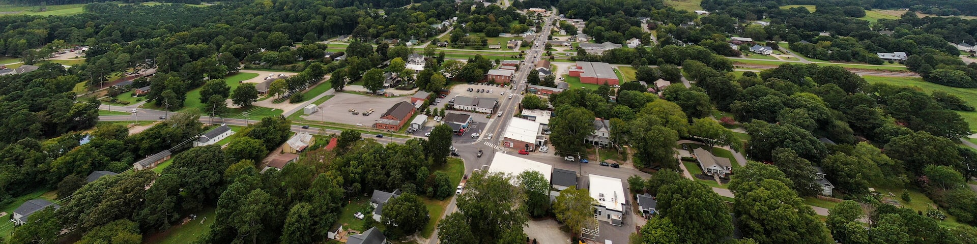 Various Drone Images of Youngsville North Carolina on a Cloudy Day Featuring the Historic Downtown and The US Highway 1 Corridor.