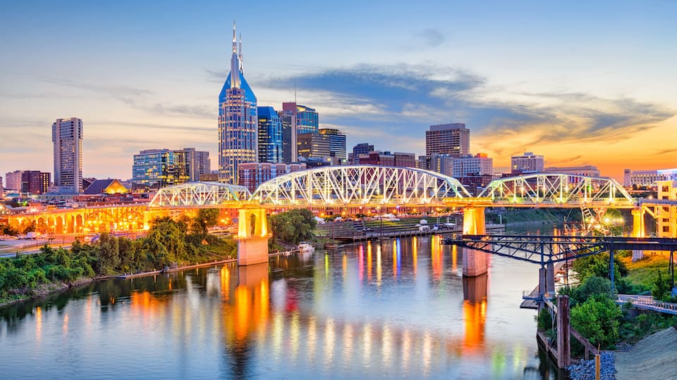 A city skyline with a prominent skyscraper, a large bridge spanning a river, and surrounding urban buildings.