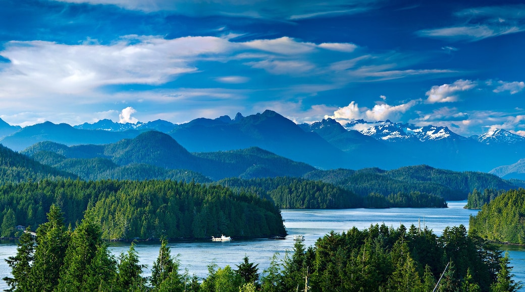 A mountainous landscape with a lake, forested areas, and snow-capped peaks.