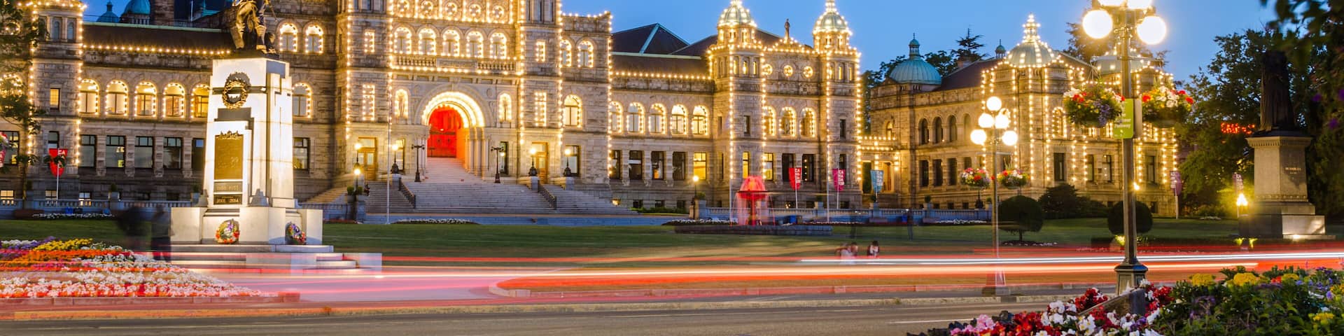 Illuminated British Columbia Parliament Building in Victoria at Twilight.