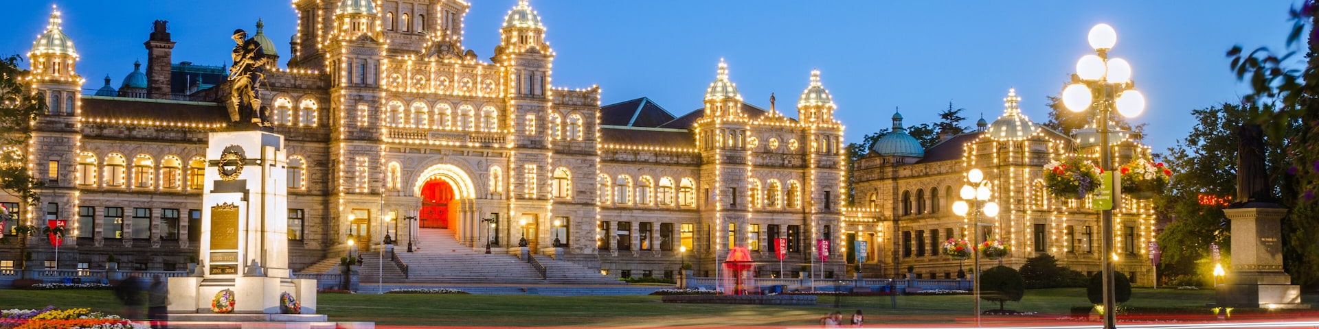 Illuminated British Columbia Parliament Building in Victoria at Twilight.