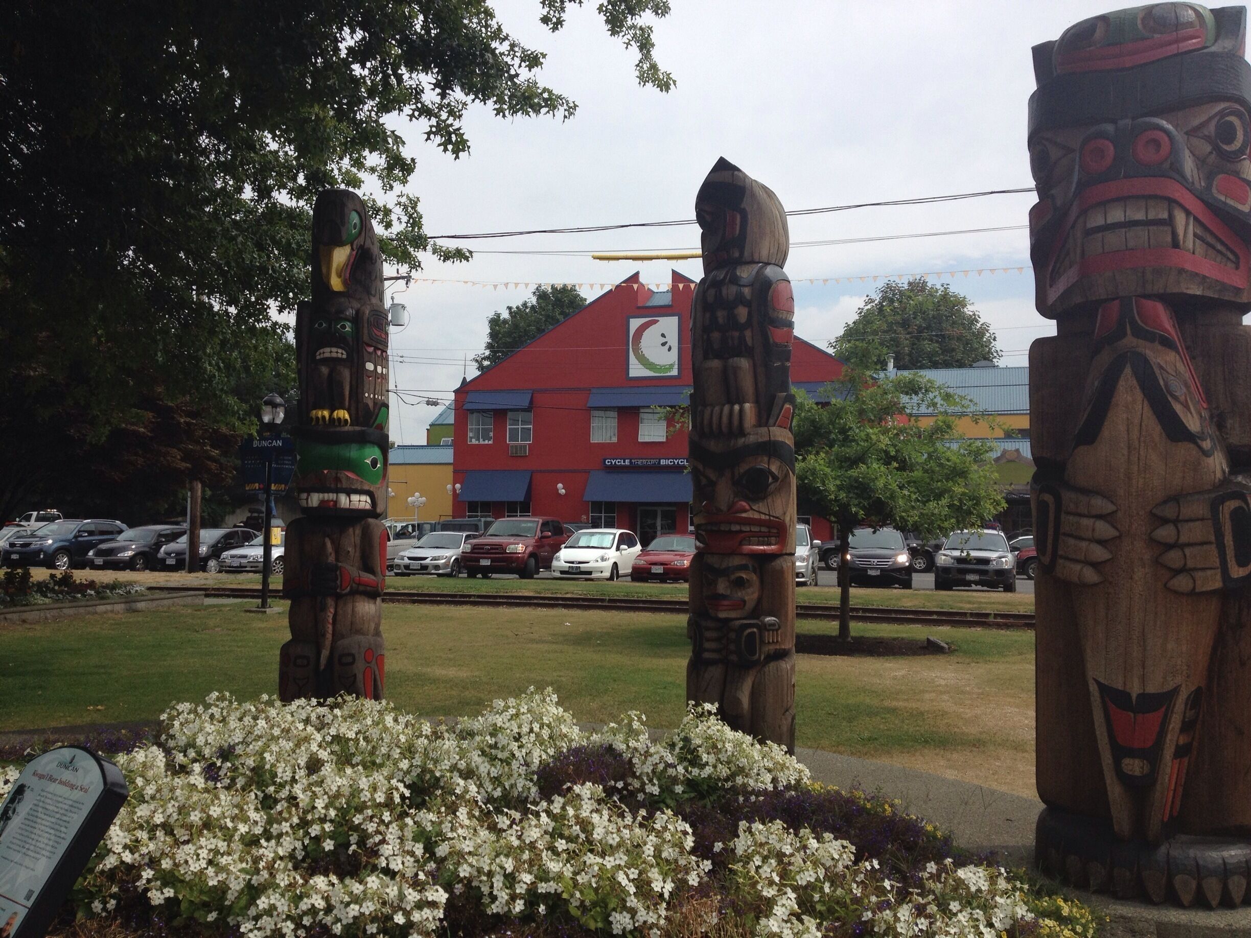 Train station with  Indian totems 