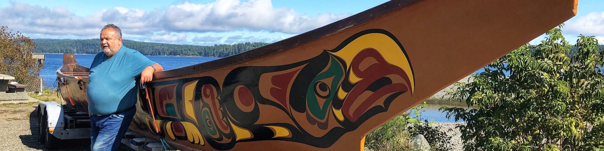 Bill Henderson was born 1950 into the Wei Wai Kum First Nation in Campbell River, BC. Since he was a child Bill watched his father create carvings and other art works. His masks, bowls, totem poles, paddles and other carvings are collected all over the world. Location: 2411 Spit Road. (September 2019)