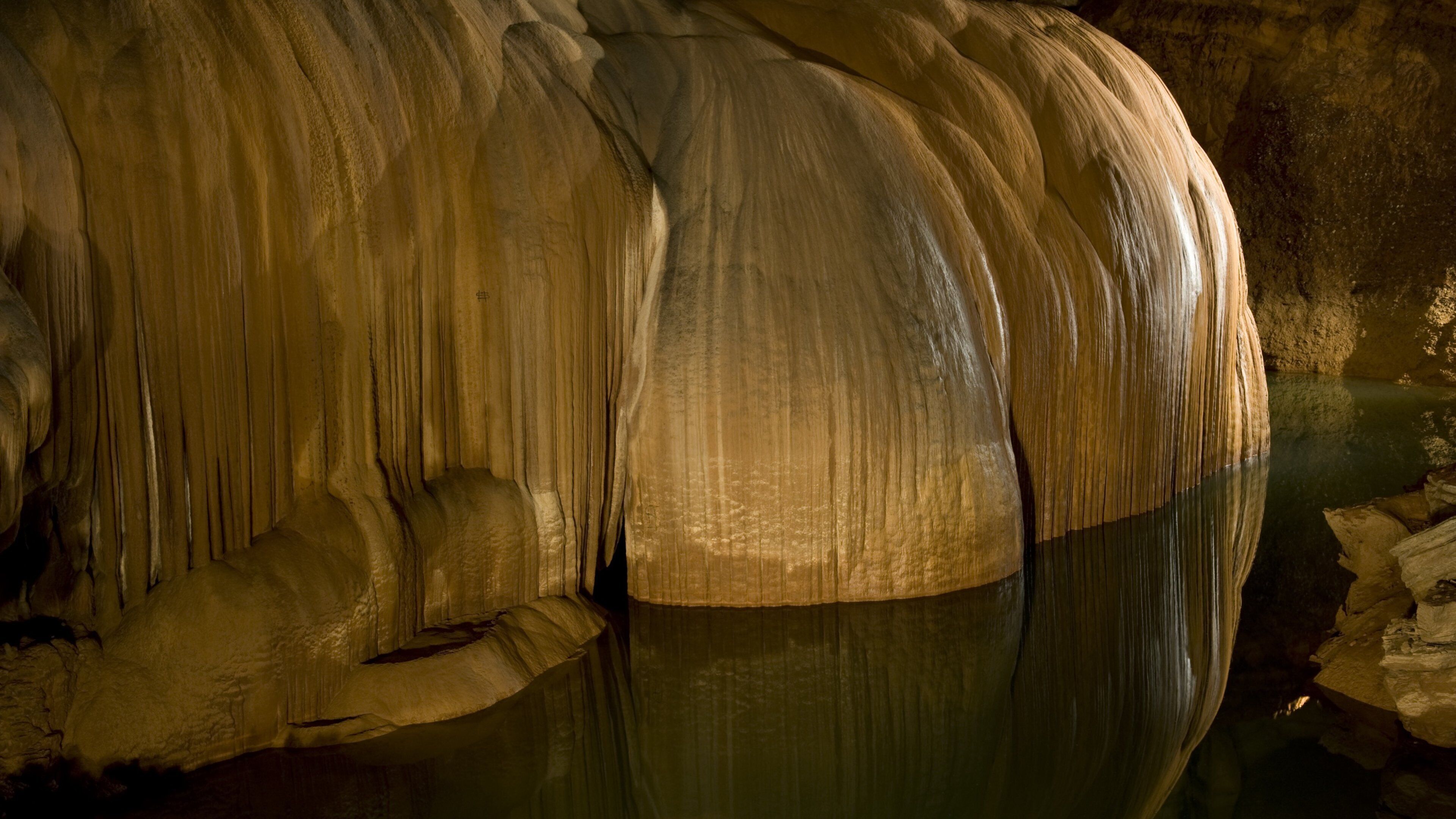 A cave with smooth, curved rock formations and a reflective water surface.