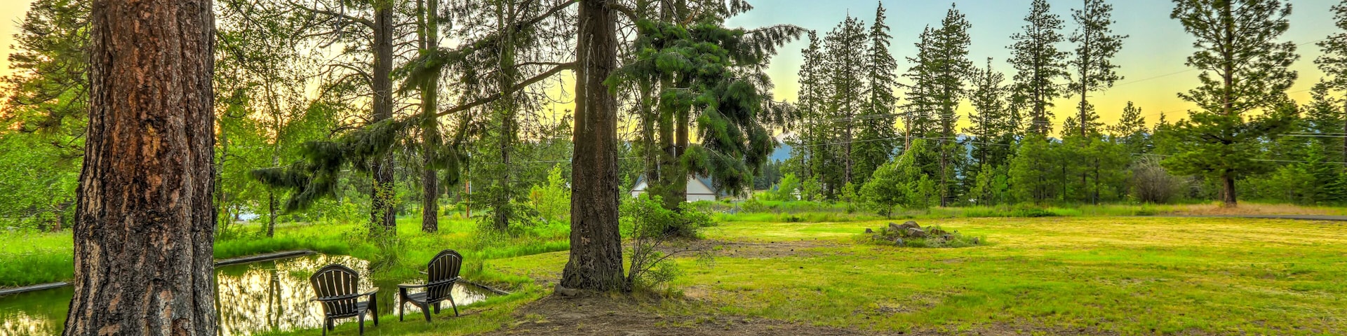 Um parque tranquilo com lago, árvores altas e uma área de piquenique.