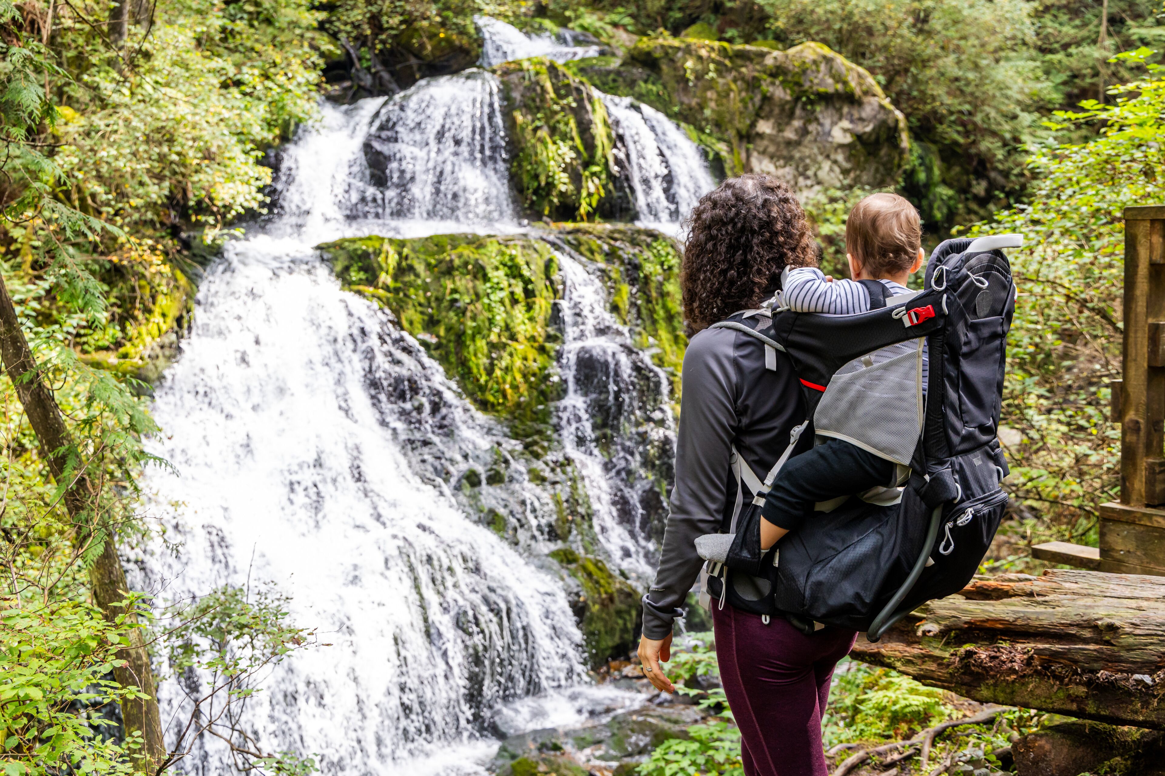 Mother and Child Enjoy Scenic Waterfall Hike in Mission, British Columbia, Canada