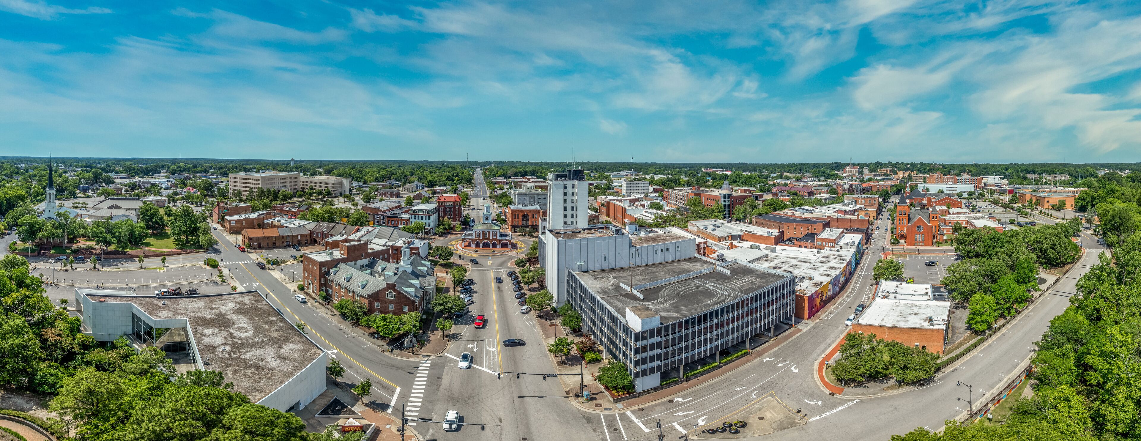 Aerial view of Fayetteville North Carolina downtown business district, main street in Cumberland county First Baptist Church. government buildings