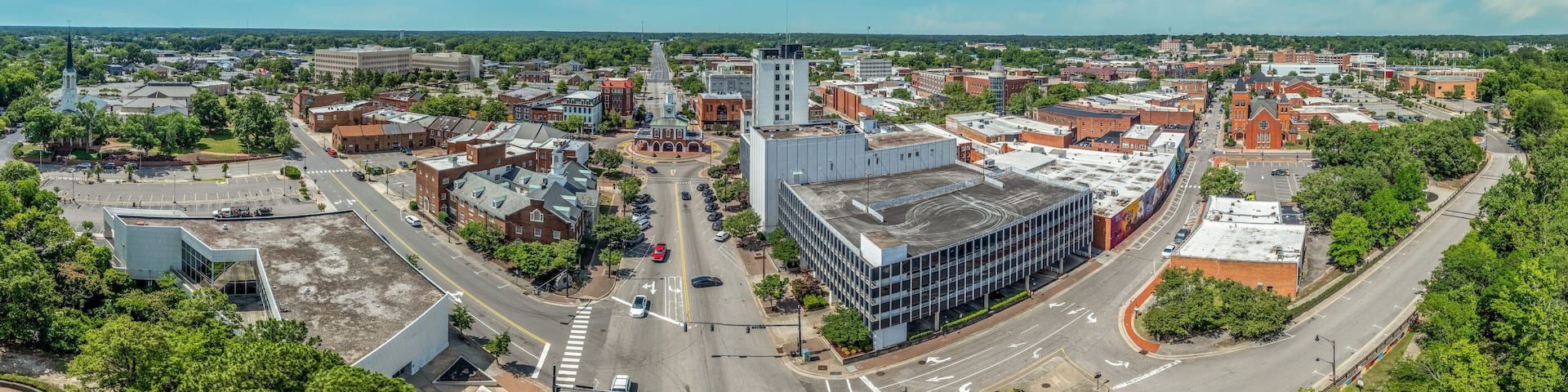 Aerial view of Fayetteville North Carolina downtown business district, main street in Cumberland county First Baptist Church. government buildings