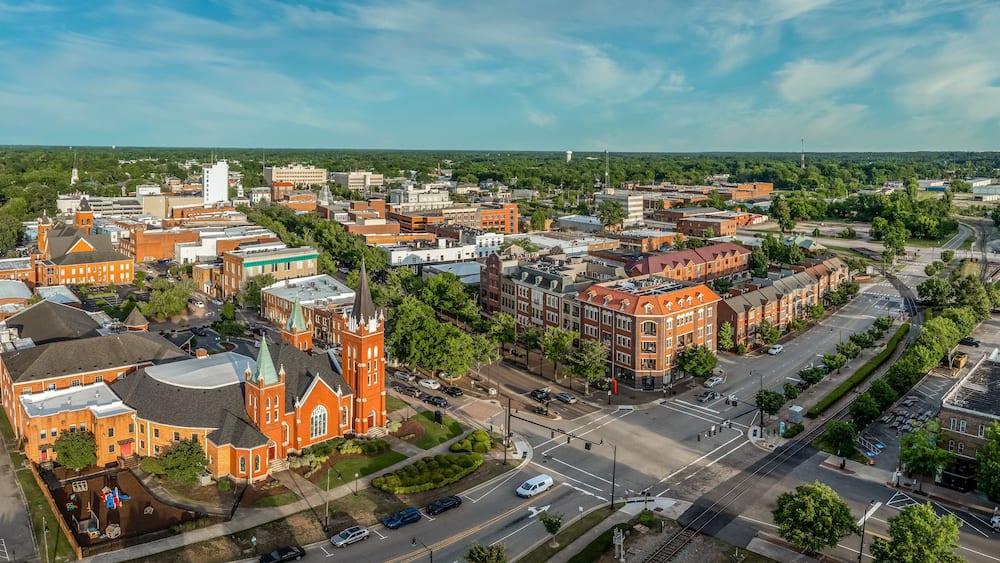 Aerial view of Fayetteville North Carolina downtown business district, main street in Cumberland county First Baptist Church. government buildings