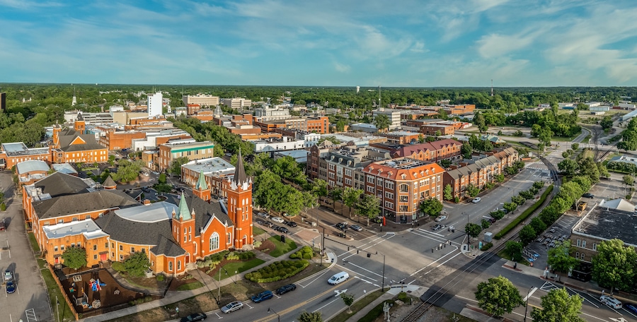 Aerial view of Fayetteville North Carolina downtown business district, main street in Cumberland county First Baptist Church. government buildings