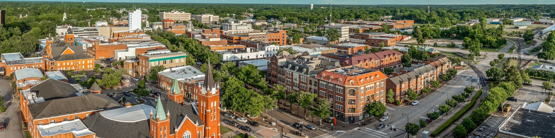 Aerial view of Fayetteville North Carolina downtown business district, main street in Cumberland county First Baptist Church. government buildings