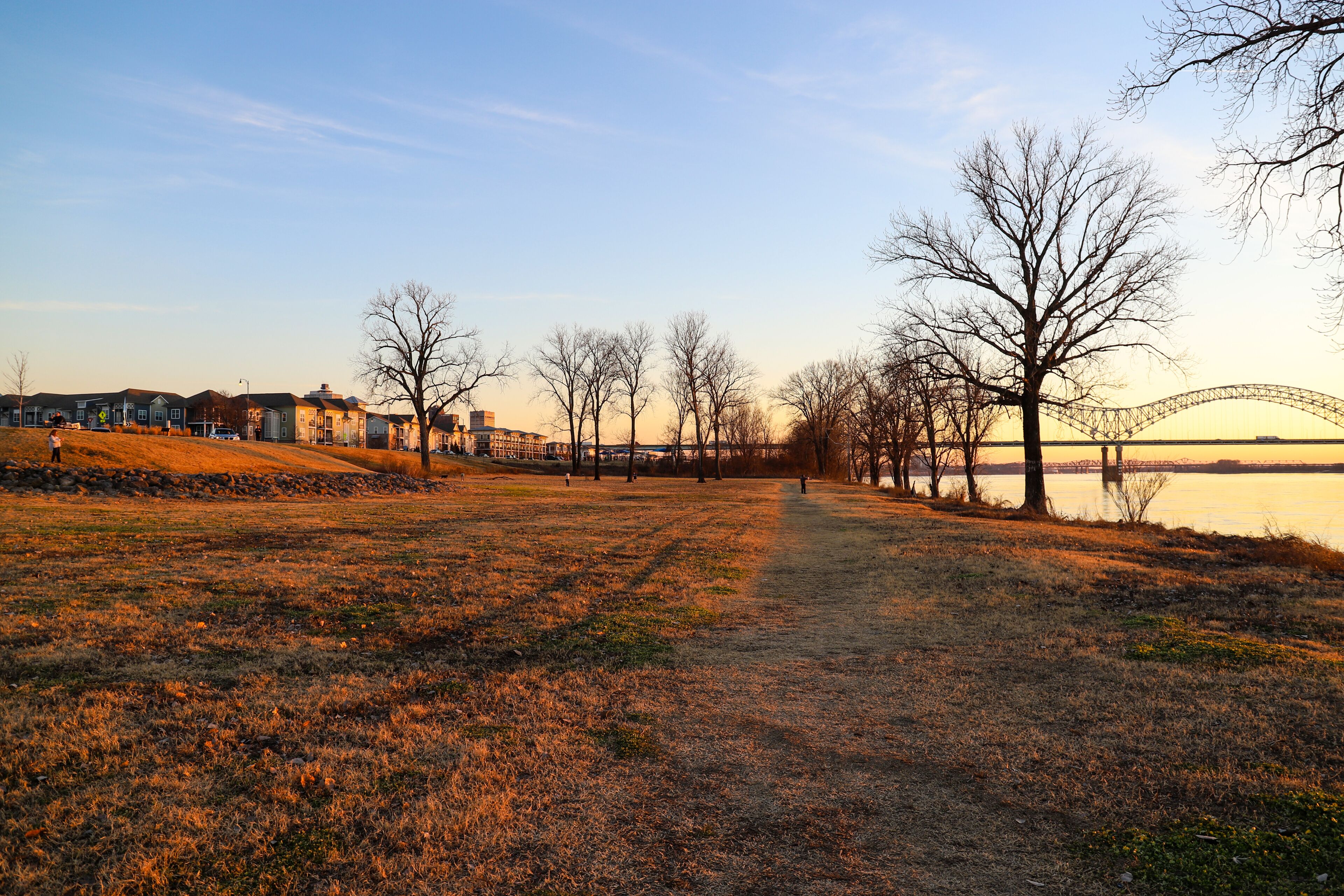 A pathway leading through a park with bare trees and a distant bridge over water.