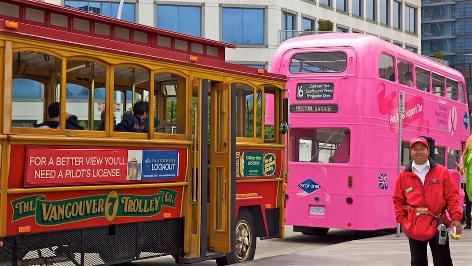 Ein rosafarbener Doppeldeckerbus und ein gelber Straßenbahnwagen.