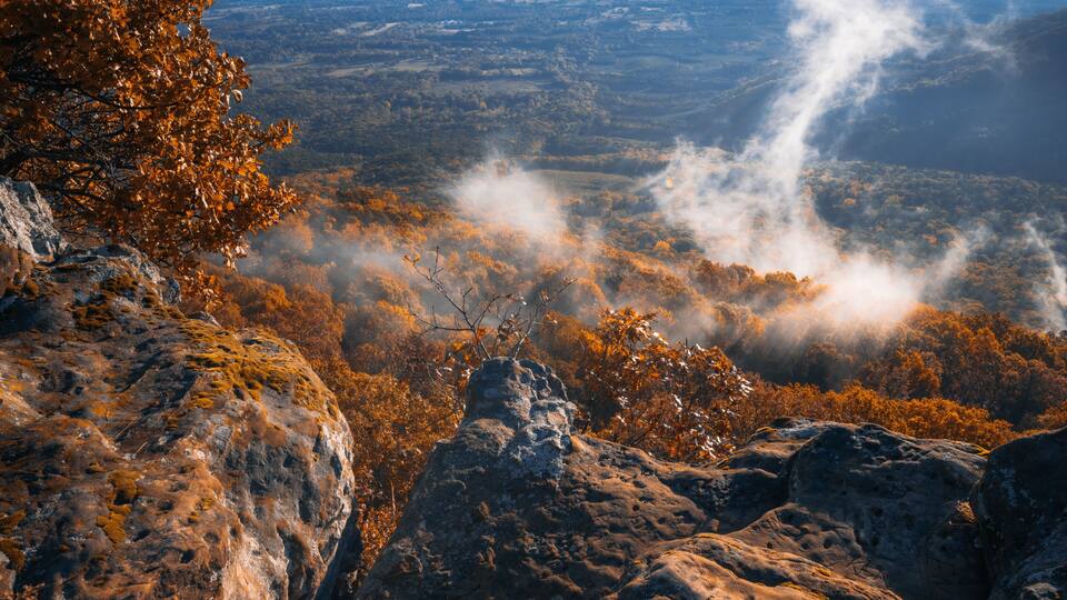 Scenic overlook mountain vista from atop Mount Nebo in Arkansas near Russellville Arkansas at the foot of the Ozark Mountains.
