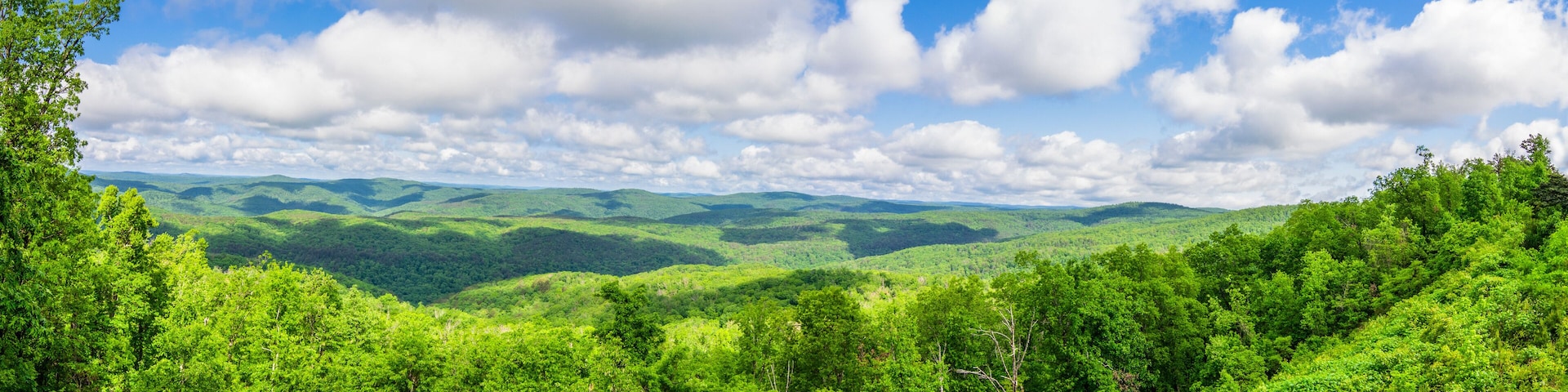 A lush green landscape with rolling hills and a partly cloudy sky.