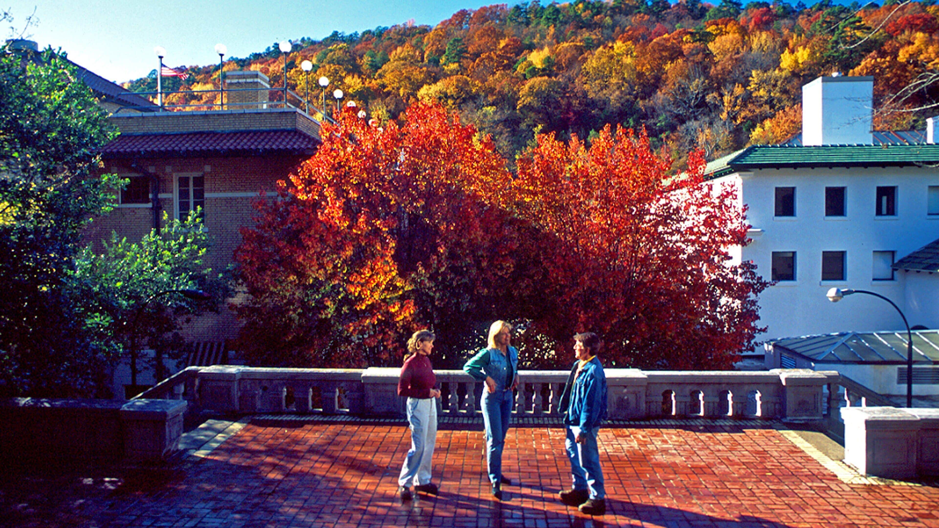 Hot Springs showing views and fall colors as well as a small group of people