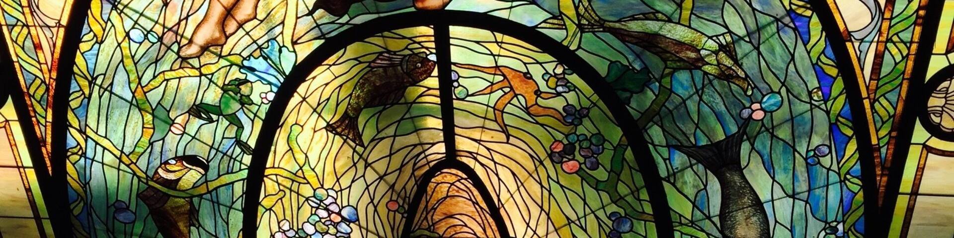 Stained glass inside Fordyce Bath House.