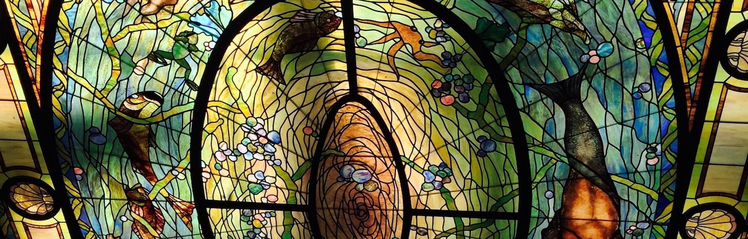 Stained glass inside Fordyce Bath House.