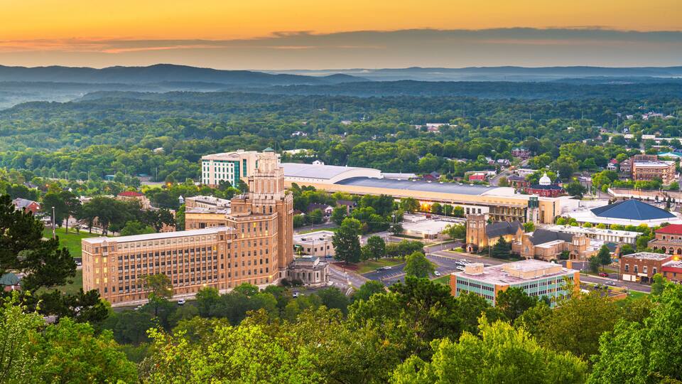 A cityscape with a prominent historic building, surrounded by lush greenery and a distant mountain range.