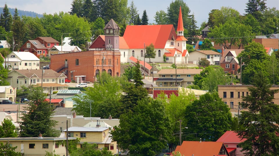 A town with a prominent church with a tall steeple and red roof, surrounded by residential buildings and lush green trees.