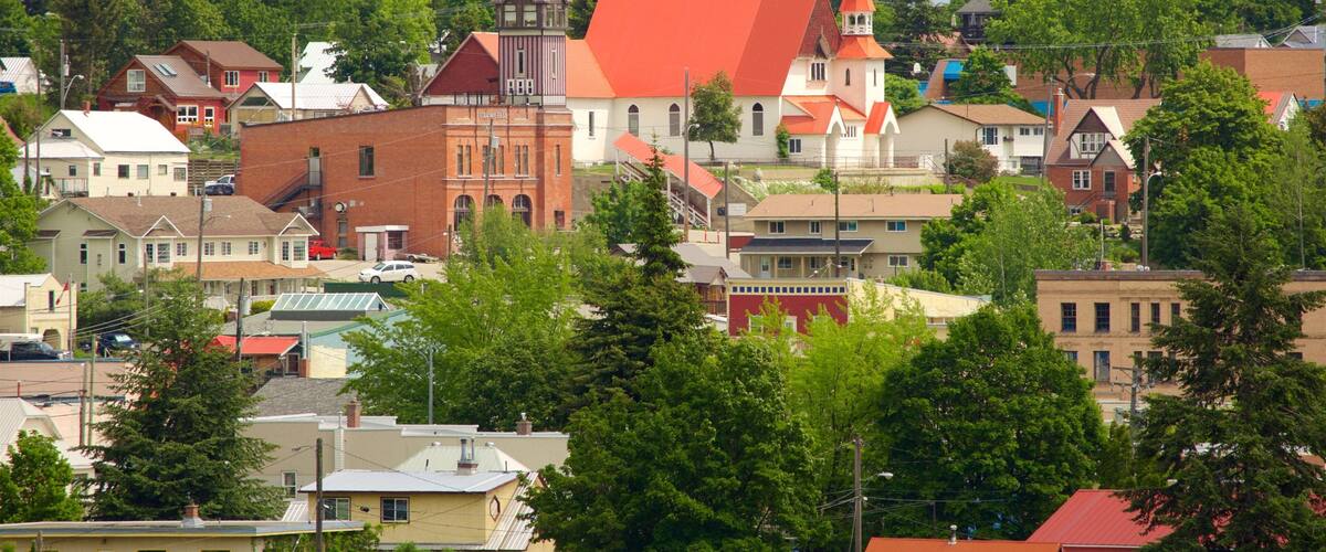 A town with a prominent church with a tall steeple and red roof, surrounded by residential buildings and lush green trees.