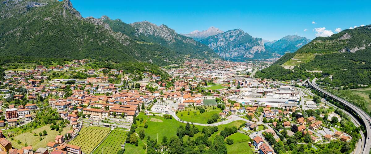 aerial view of the city of Civate and Lake Annone, Lecco province, Italy