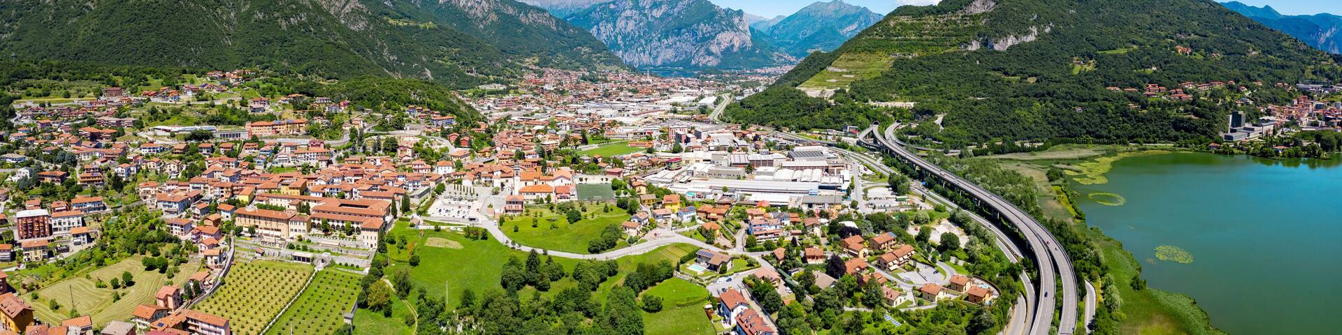 aerial view of the city of Civate and Lake Annone, Lecco province, Italy