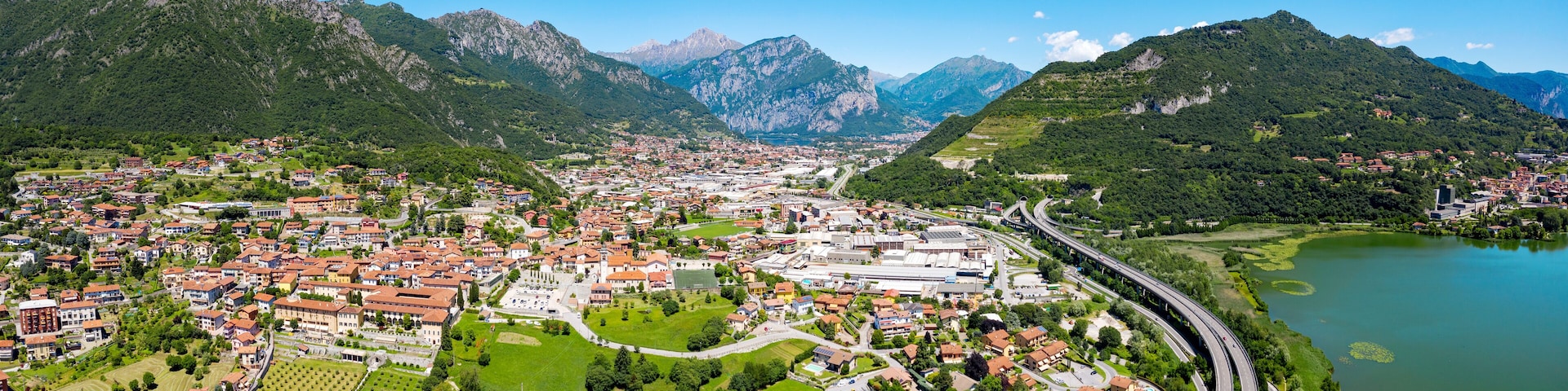 aerial view of the city of Civate and Lake Annone, Lecco province, Italy