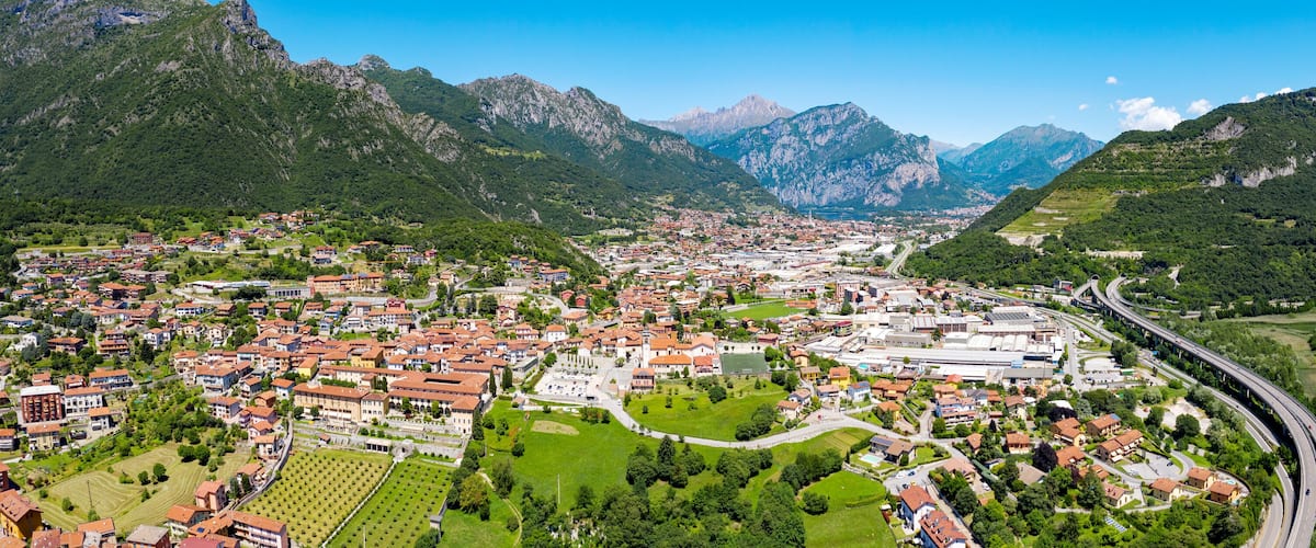 aerial view of the city of Civate and Lake Annone, Lecco province, Italy