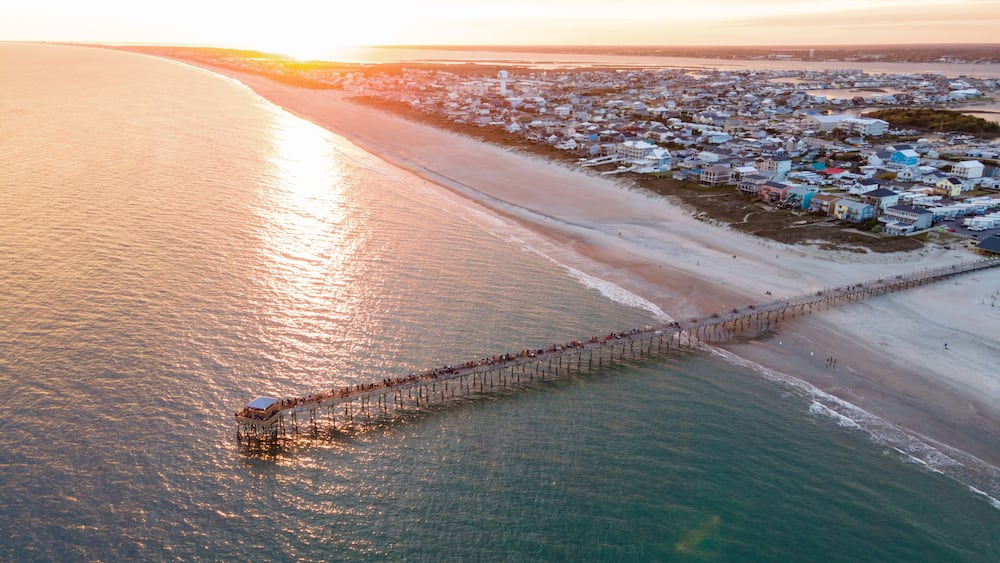 Drone View of Oceanana Pier in Atlantic Beach on the Crystal Coast of North Carolina at Sunset