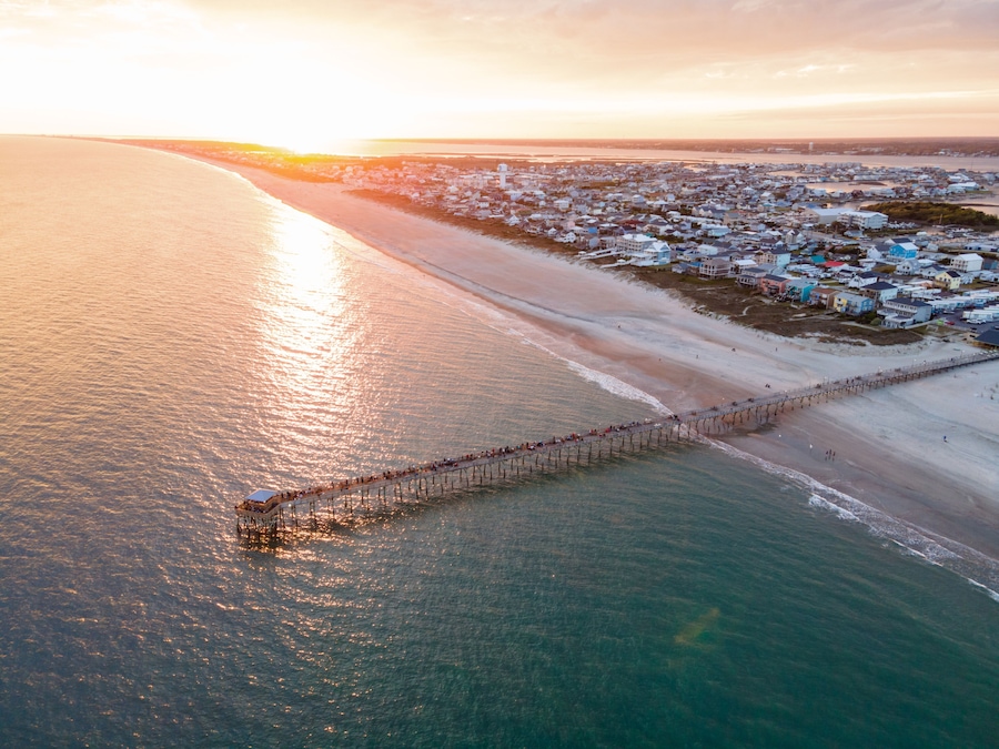 Drone View of Oceanana Pier in Atlantic Beach on the Crystal Coast of North Carolina at Sunset