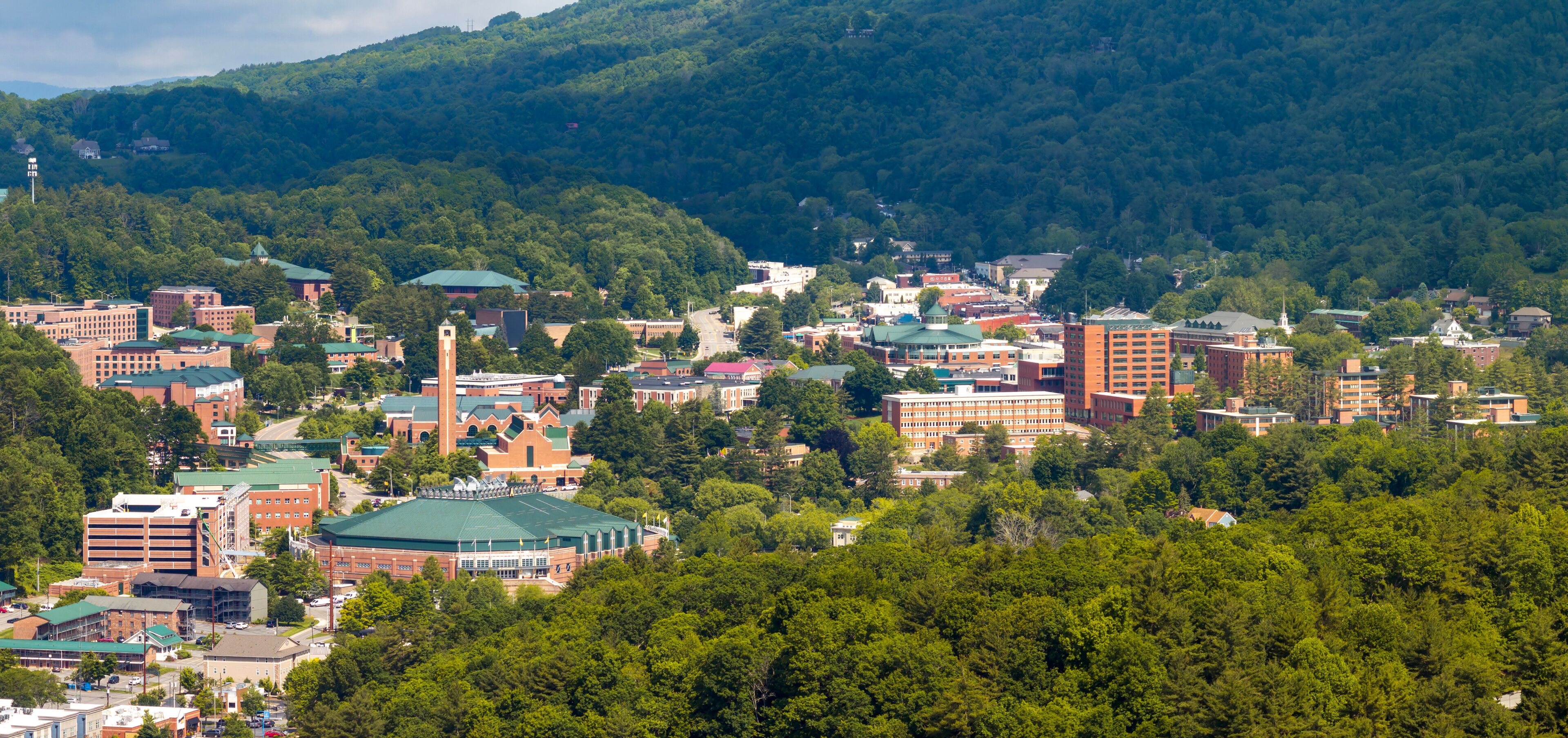 Aerial view of Boone, old historical town in North Carolina Blue Ridge Mountains. Beautiful historic American architecture
