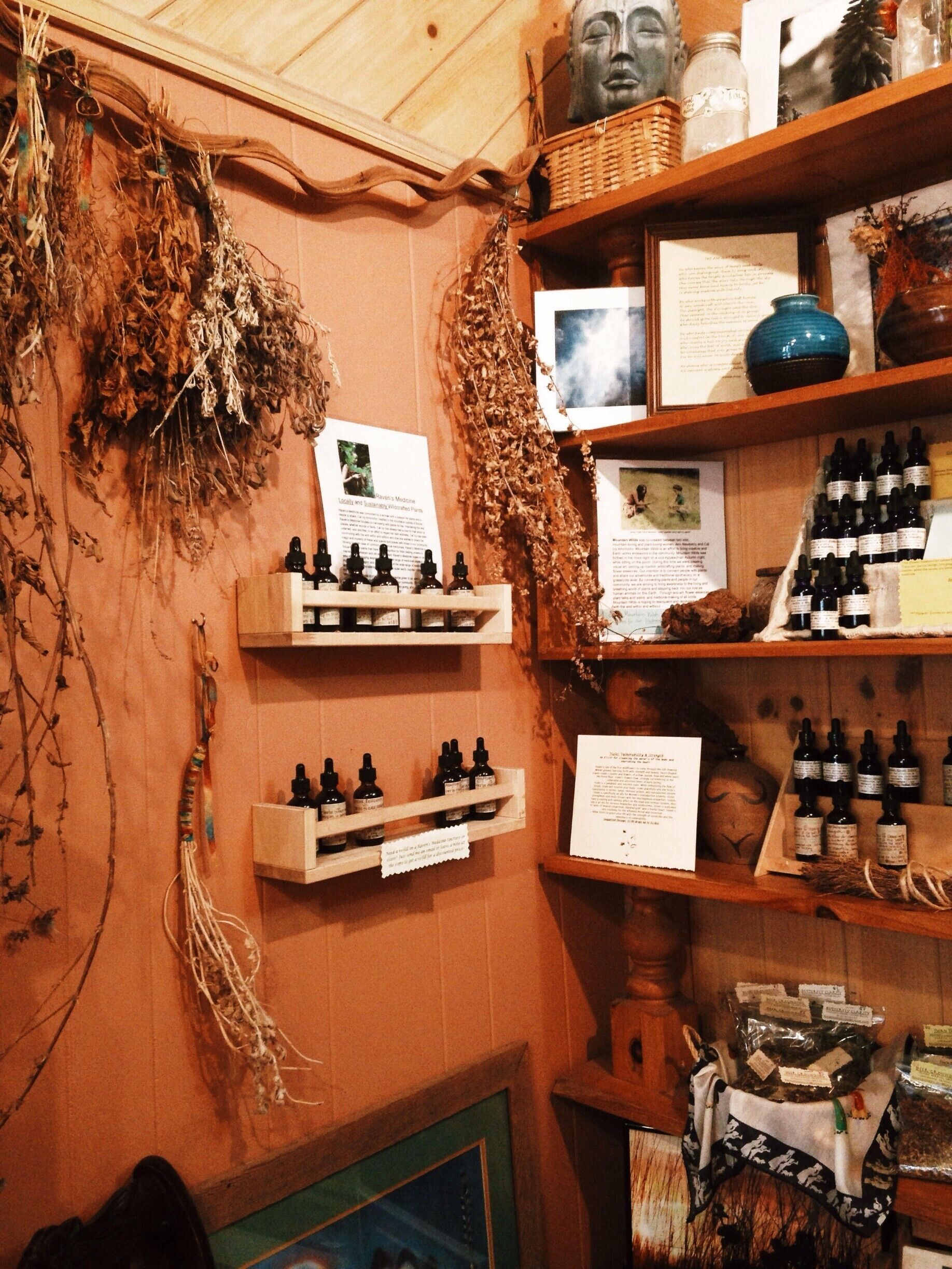 Ah, what a cozy corner of Dancing Moon, the Earthway book store on King Street. We can see a basket full of local herbal teas, drying herbs, and individually made alcohol based tinctures. Why is it that the idea of home-made medicine signified a sense of authentic "Appalachia"? Though I grew up in WV, the idea of making one's own medicine never occurred to me until moving to this region of NC. 

As a medicine, alcohol has been said to be one of the most ancient forms. Some say that bioarchaeologists have been able to identify jars found in tombs of one of the first pharaohs of Egypt to find residues of medicinal herbs and wine. Alcohol-based medicines became popularized by the father of modern medicine, Hippocrates around 400 BC, but with the rise of modern medicine, the suppression of this ancient practice is what dominates. Anyway, how would the pharmaceutical industry profit if people were aware that the origin of majority of modern medicine comes from plants?

But let's not forget, modern medicine is just as "authentic" to "Appalachia" as what we see in this photo.

#appalachianechoes