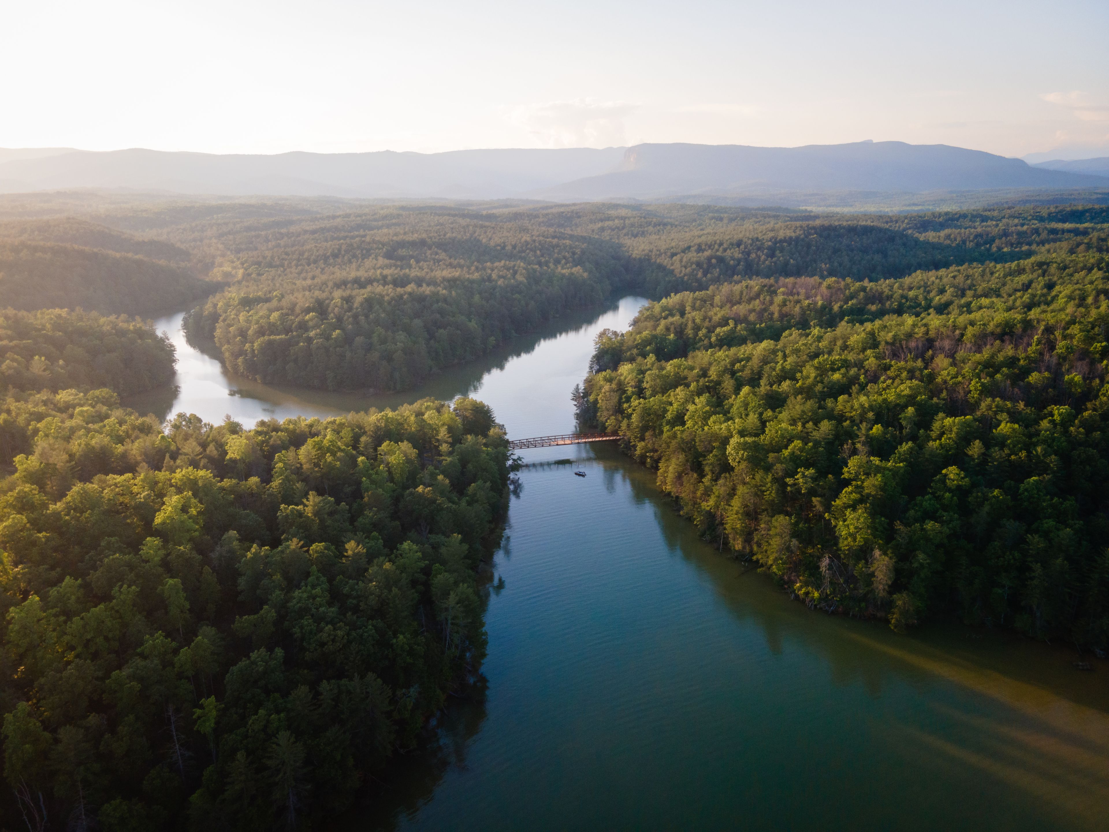 A river winding through a densely forested valley with a bridge crossing the river.