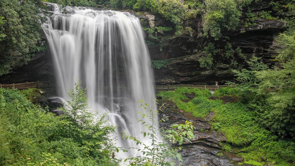 A waterfall cascading over a rocky cliff surrounded by lush greenery.