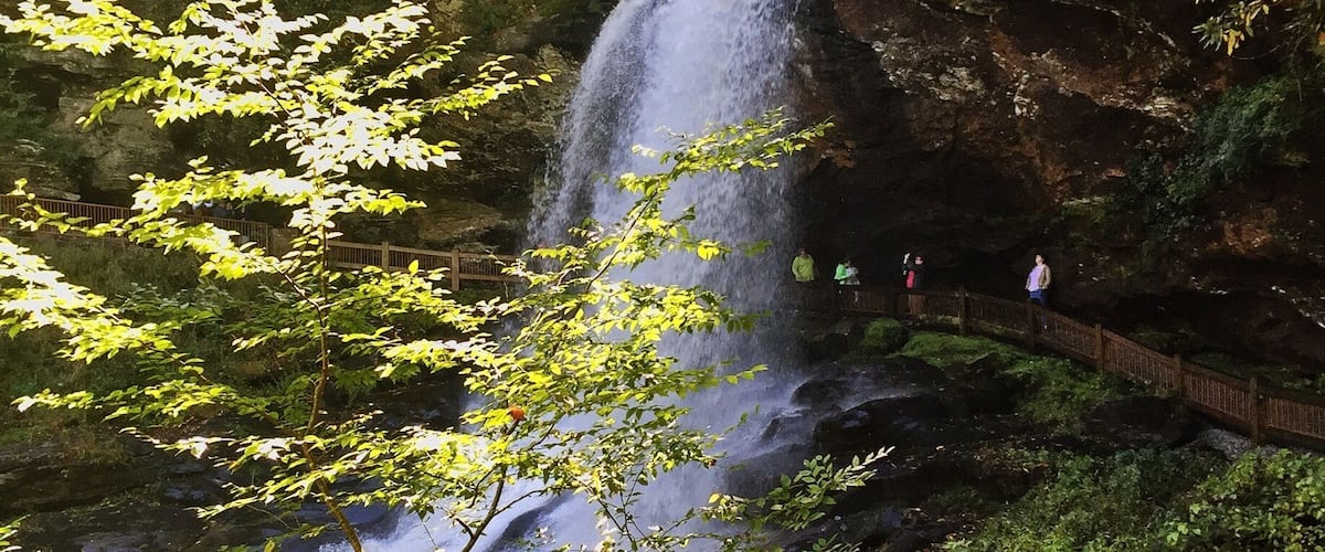 Dry Falls, also known as Upper Cullasaja Falls, is a 65-foot waterfall located in the Nantahala National Forest, northwest of Highlands, North Carolina. It's claim to fame is walking under it. The path leads you to and under the falls where you can get sprayed.