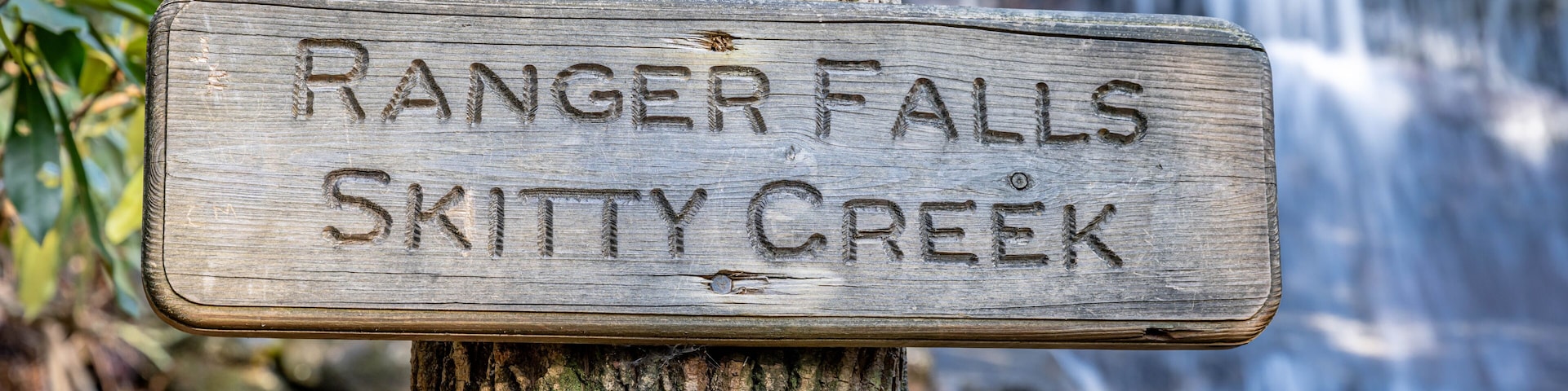 Un letrero de madera con la inscripción 'RANGER FALLS SKITTY CREEK', fijado a un árbol.