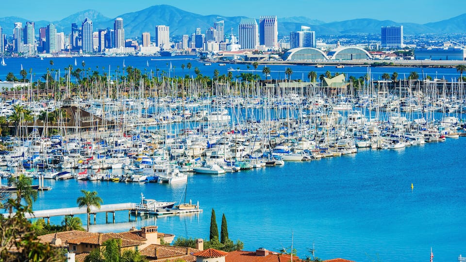 A marina filled with boats, a city skyline with tall buildings, and mountains in the background.