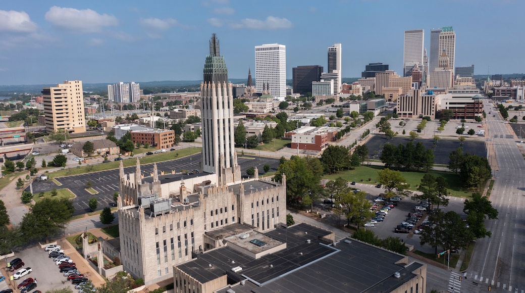 Tulsa, Oklahoma, USA - June 25, 2023: Afternoon sun shines on historic buildings of downtown Tulsa.