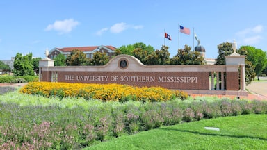 The University of Southern Mississippi's entrance with a brick wall, a dome, and two flags.
