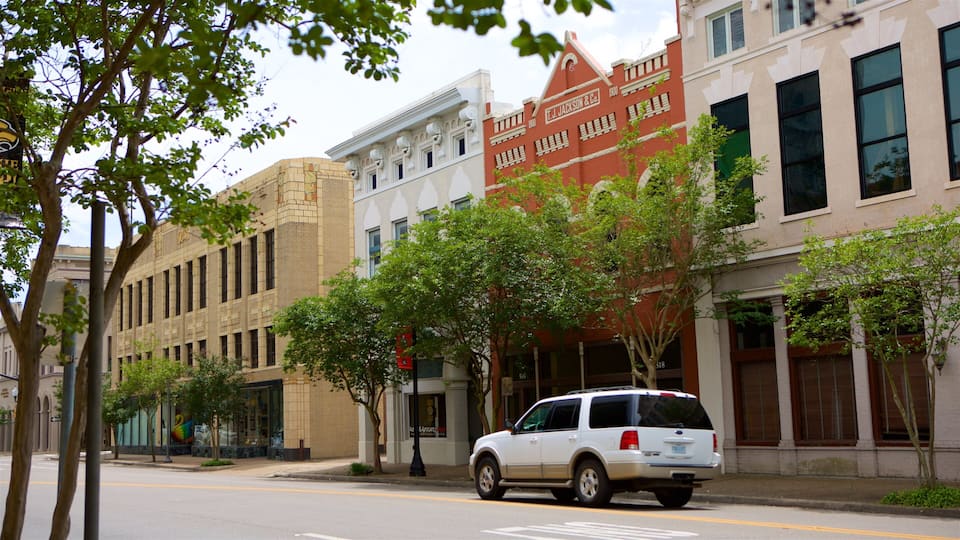 A street with historic buildings, including a red brick building with 'T.J. JACKSON & Co.' on it.