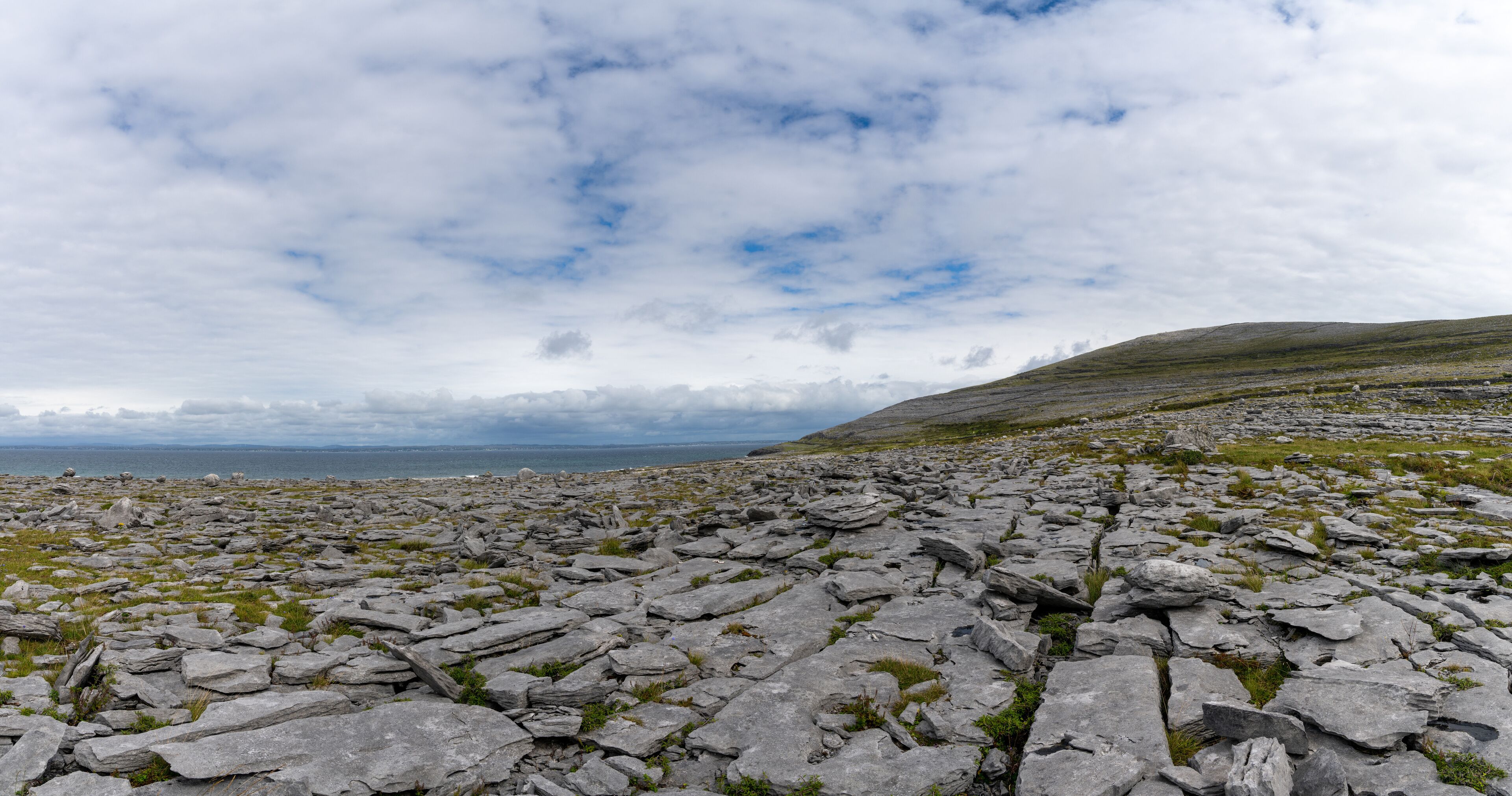 panorama view of the glaciokarst coastal landscape of the Burren Coast in County Clare of western Ireland